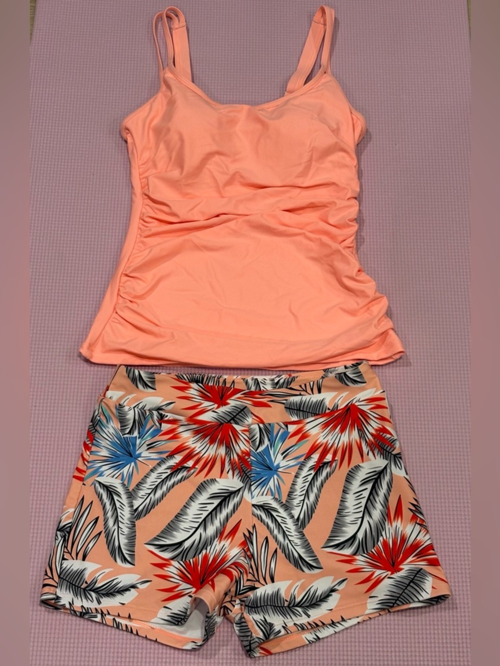 Peach Tankini Top & Tropical Print Swim Shorts